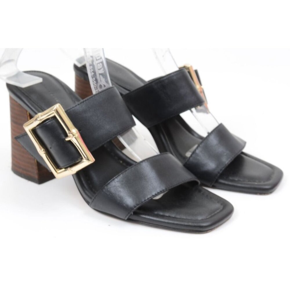 WHBM Black Bamboo Buckle Chunky Heel Slipon Vegan Leather Slides Sandal Size 8.5